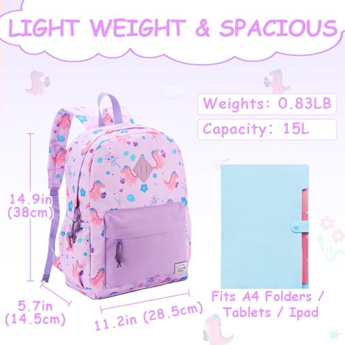 VASCHY Toddler Backpack for Girls Kids Water Resistant Lightweight Preschool Bookbag Daypack for Children Daycare Light Purple Dinos - Image 3