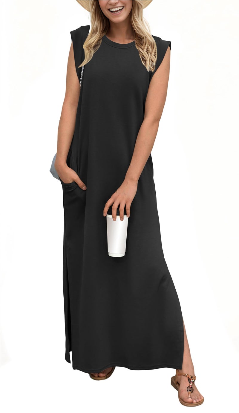 GRECERELLE Women Summer Petite Round Neck Loose Split Casual Maxi Dress with Pockets (X-Small, Black) - Image 1