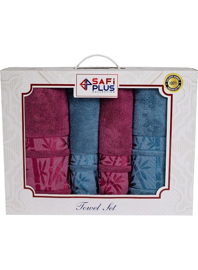 Safi Plus Bath Towels & Hand Towels 4-Piece Turkish Set, 100% Genuine Bamboo Cotton 2 Large Bath Towels & 2 Hand Towels, Super Soft, Luxury & Extra Absorbent (Burgundy-Blue) - Image 1