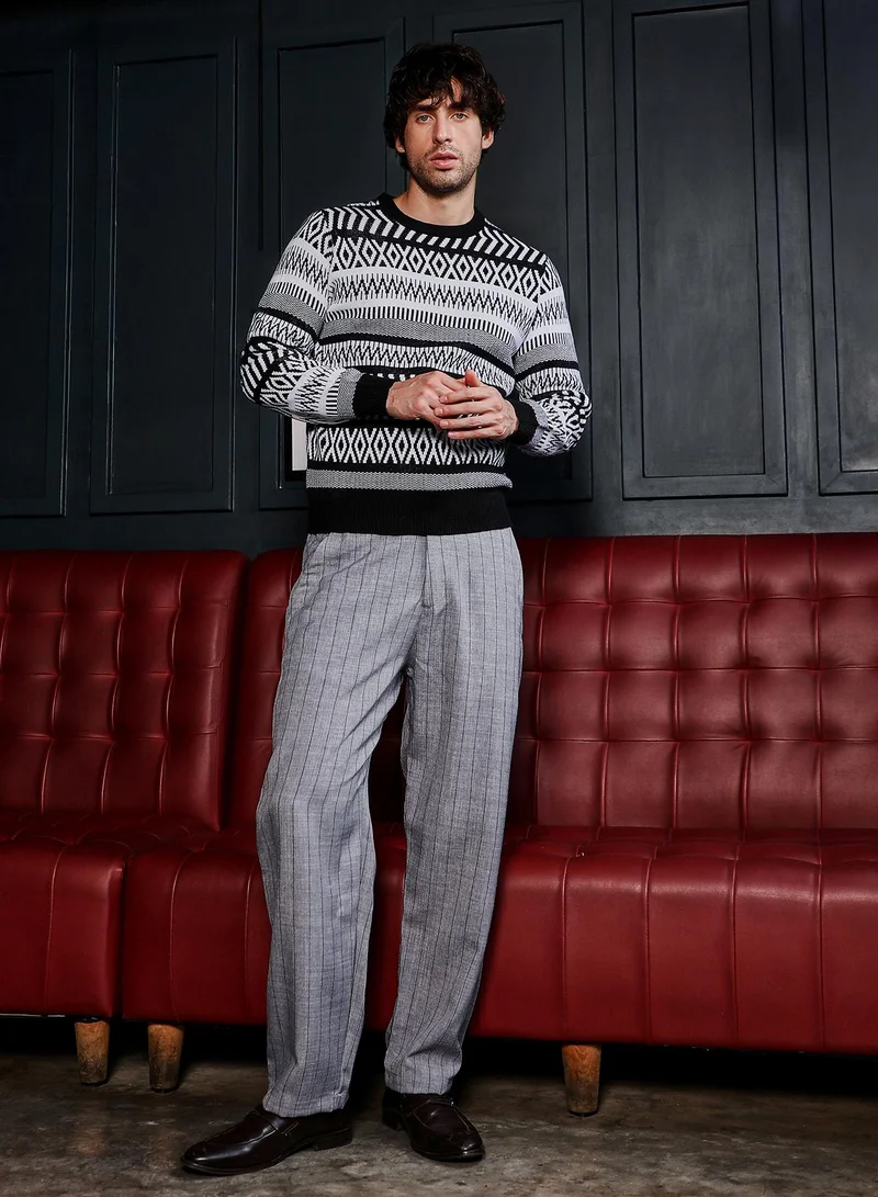 CAHOOT  Men Scandi-Jacquard Pullover Sweater | Crew Neck, Long Ribbed Cuff Sleeves | Pull On , Ribbed-Straight Hem | Geometric Jacquard | Knitted Fabric For Casual & Daily Wear | White & Black for Men | Best Price UAE