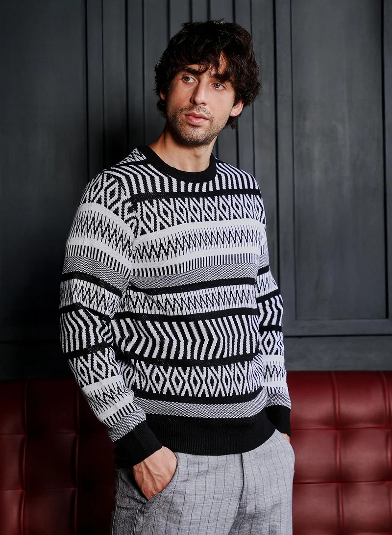 CAHOOT  Men Scandi-Jacquard Pullover Sweater | Crew Neck, Long Ribbed Cuff Sleeves | Pull On , Ribbed-Straight Hem | Geometric Jacquard | Knitted Fabric For Casual & Daily Wear | White & Black for Men | Best Price UAE