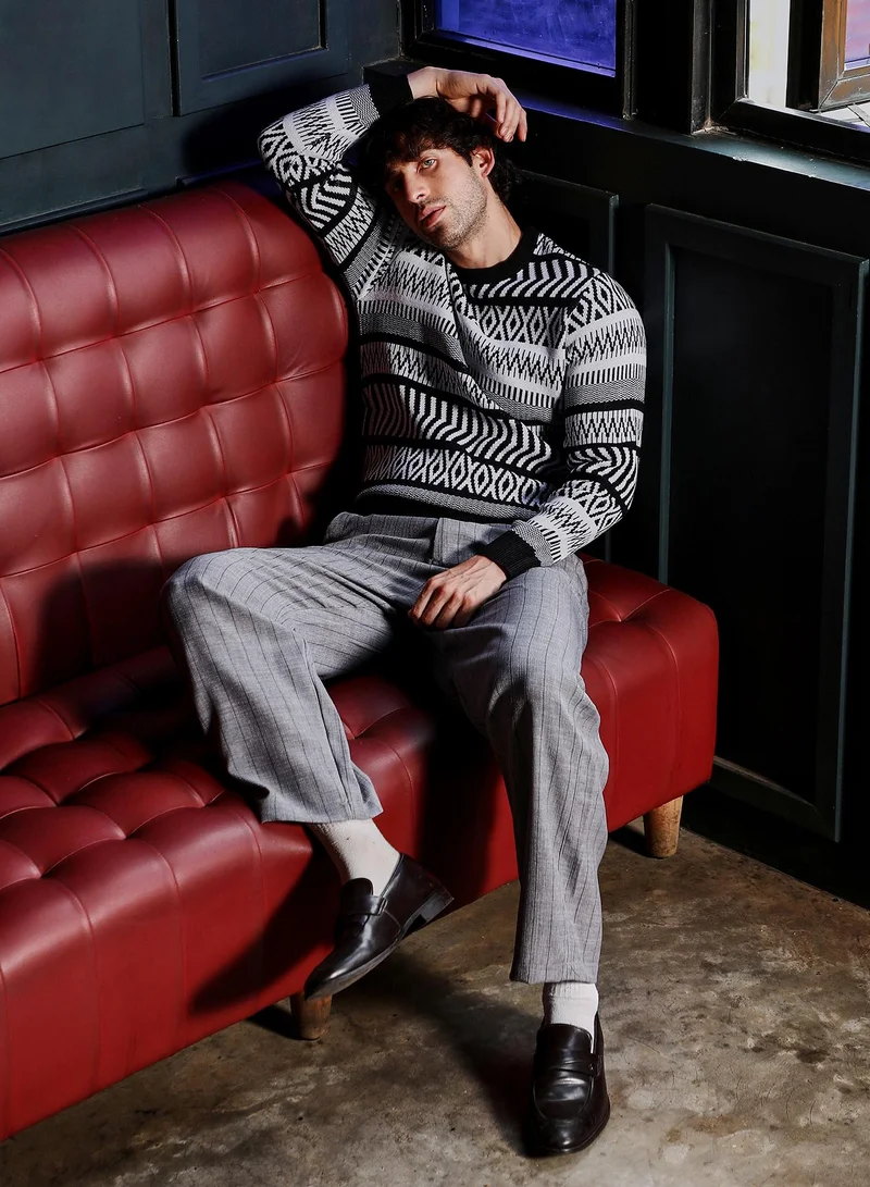 CAHOOT  Men Scandi-Jacquard Pullover Sweater | Crew Neck, Long Ribbed Cuff Sleeves | Pull On , Ribbed-Straight Hem | Geometric Jacquard | Knitted Fabric For Casual & Daily Wear | White & Black for Men | Best Price UAE
