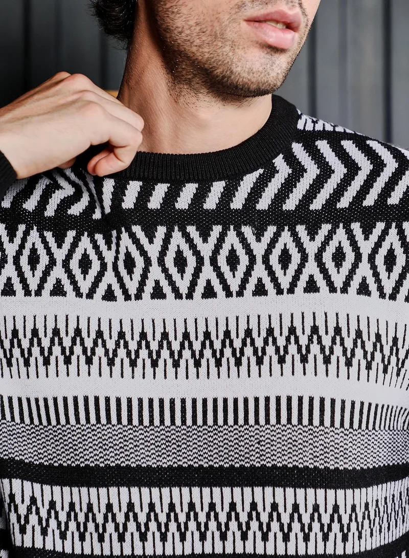 CAHOOT  Men Scandi-Jacquard Pullover Sweater | Crew Neck, Long Ribbed Cuff Sleeves | Pull On , Ribbed-Straight Hem | Geometric Jacquard | Knitted Fabric For Casual & Daily Wear | White & Black for Men | Best Price UAE
