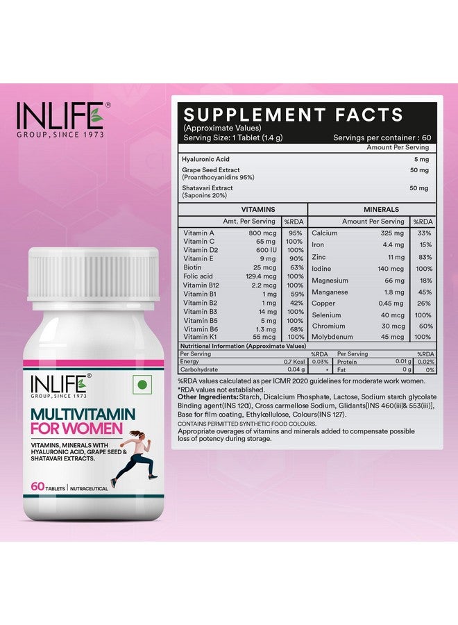 Inlife أقراص متعددة الفيتامينات للنساء من INLIFE | 60 قرص | مدعمة بالزنك وفيتامين C وفيتامين D والمعادن الأساسية المتعددة | تدعم المناعة ومستويات الطاقة (عبوة من 1) - Image 2