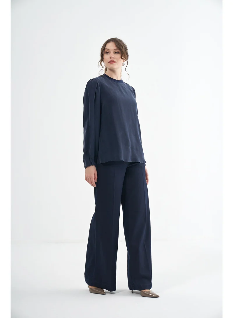 MissWhence Elegant Gathered-Shoulder Cupro Silk Blouse - Navy