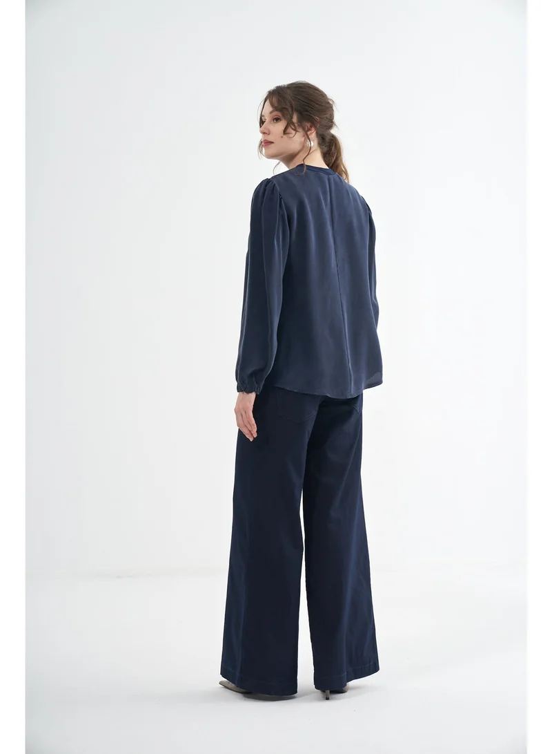MissWhence Elegant Gathered-Shoulder Cupro Silk Blouse - Navy