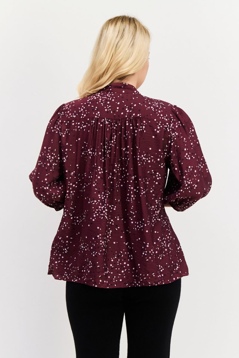 Scotch & Soda Women Tie Neck 3/4th Sleeve Allover Print Shirt, Maroon - Image 3