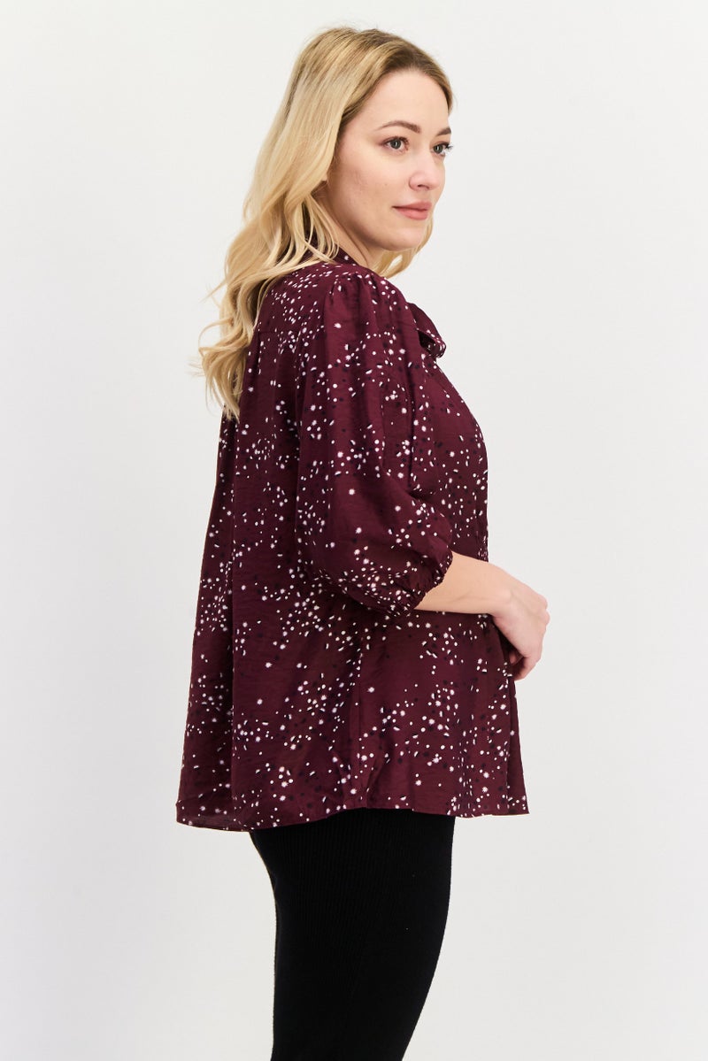 Scotch & Soda Women Tie Neck 3/4th Sleeve Allover Print Shirt, Maroon - Image 4