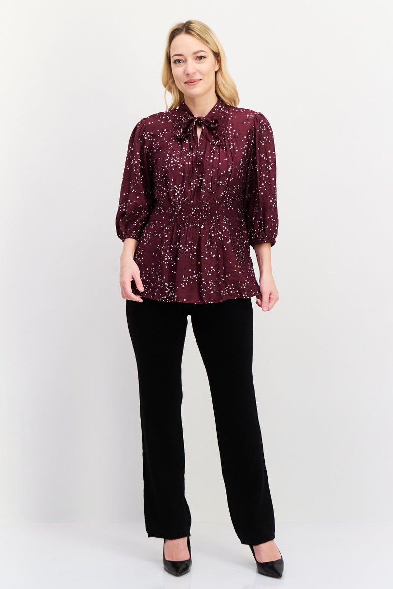 Scotch & Soda Women Tie Neck 3/4th Sleeve Allover Print Shirt, Maroon - Image 2