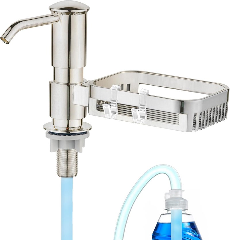 HAPPUP Soap Dispenser for Kitchen Sink, Built in Soap Dispenser Pump with Sponge Holder, Under Counter Brushed Nickel ABS Pump Head with 38" Extension Tube Kit, Good Suction Power - Image 1