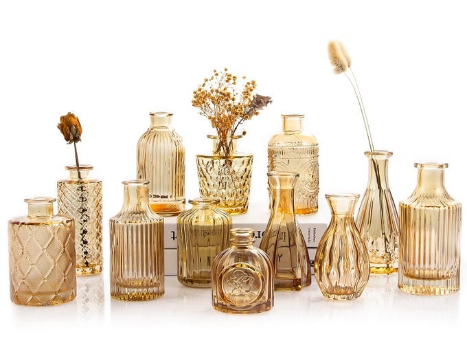 GOLD AMBER GLASS BUD VASES SET OF 12 SMALL VASES FOR FLOWERS CHAMPAGNE MINI VINTAGE VASES FOR CENTERPIECESBUD VASE IN BULK FOR WEDDING DECORSINGLE FLOWERSOFFICE AND HOME TABLE FLOWER DCOR