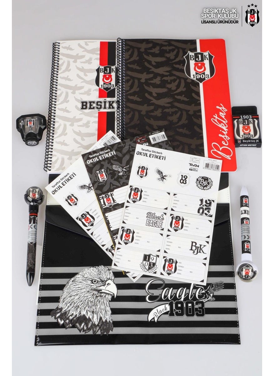 Beşiktaş - Licensed A4 Spiral Squared, Lined Notebook, Ballpoint Pen, Pencil Sharpener, 24-Piece School Label, Snap File, Eraser Set - Image 1