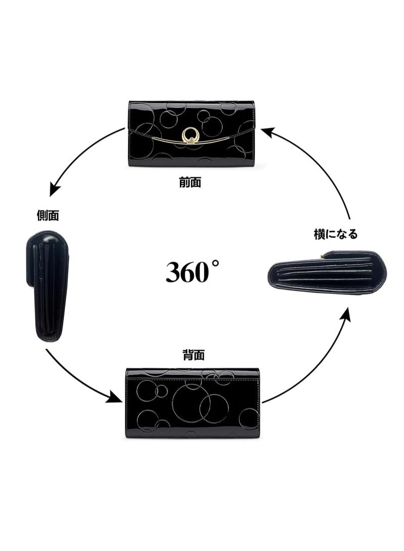 SOLARAE Womens Wallet, Genuine Leather Long Three Fold Wallet, Elegant Slim Card Holder, Bright Leather Large Capacity Buckle, Credit Card Holder, Circled Embossed Pattern, RFID and Magnetic Anti Theft, Black - Image 3