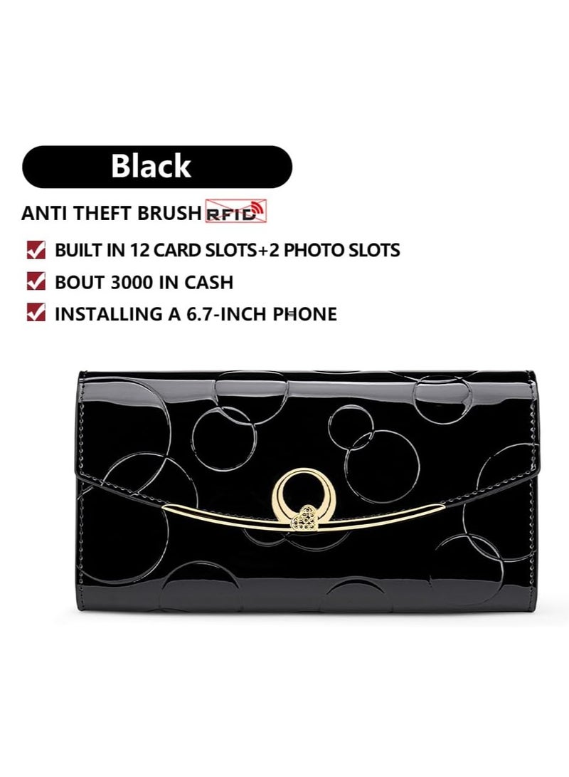 SOLARAE Womens Wallet, Genuine Leather Long Three Fold Wallet, Elegant Slim Card Holder, Bright Leather Large Capacity Buckle, Credit Card Holder, Circled Embossed Pattern, RFID and Magnetic Anti Theft, Black - Image 4