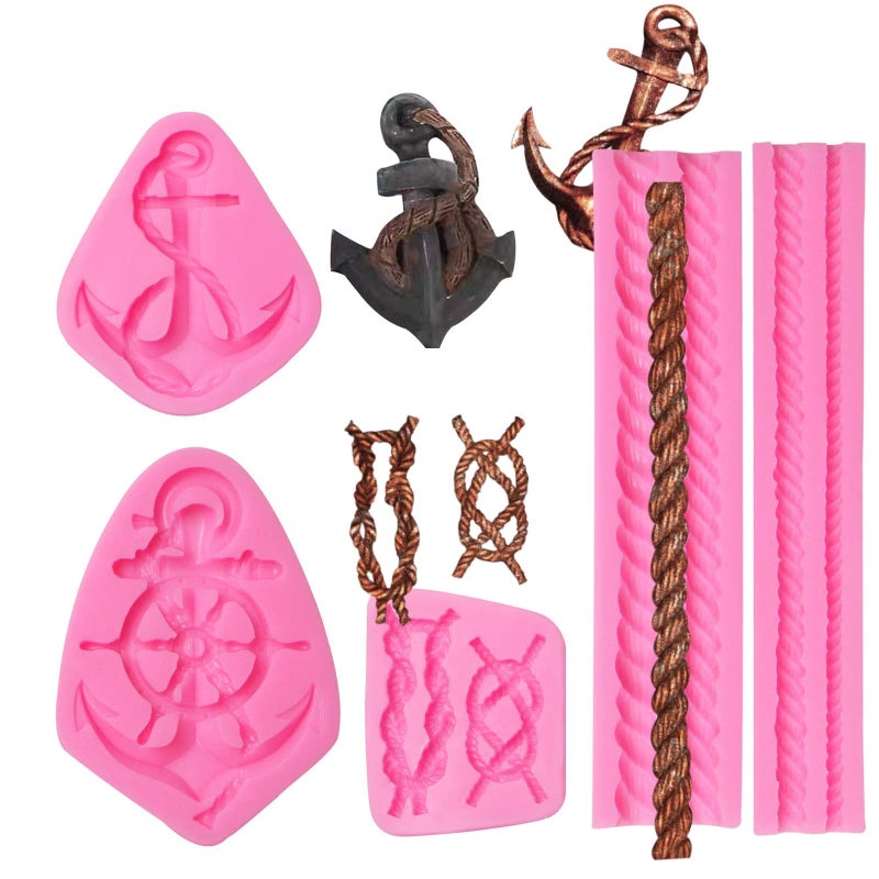 MUYULIN Anchor Rope Silicone Chocolate Molds 4 Packs Ship Captain Rope Lasso Fondant Mould for Navy Cake Decoration