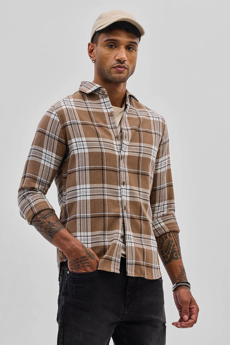 SNITCH Brown Checkered Long Sleeve Slim Fit Casual Shirt