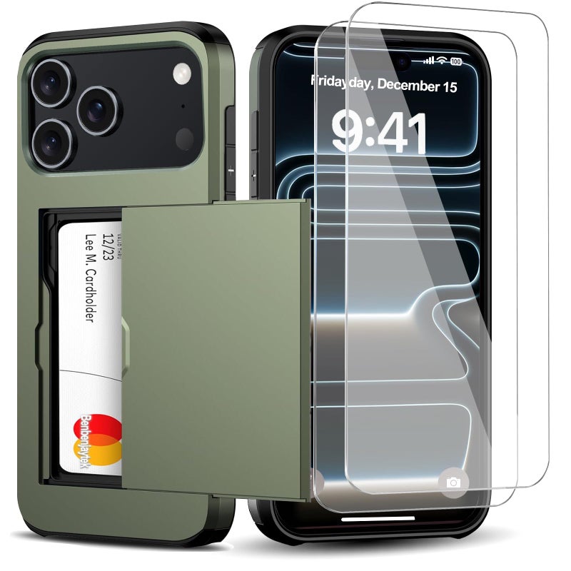 Benbenjaytek for iPhone 17 Pro Max Wallet Case with Card Holder + 2 Tempered Glass Screen Protector Protective Shockproof Hidden Card Slot Slim Case Women Men for iPhone 17 Pro Max 6.9â€³(Deep Green) - Image 1
