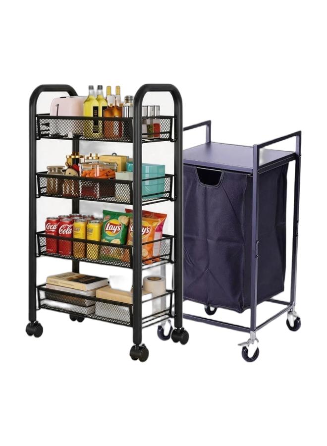 Kitchen Storage Rack and Heavy Duty Metal Shelving Unit on Rolling Cart for Garage, Kitchen, Basement, Pantry, 4-Tier Thick Foldable Storage Shelves with Wheels, Large Capacity, Black & Laundry Hamper with Shelf, One-Section Laundry Basket with Removable Sliding Bags, Clothes Hamper with Wheels, Freestanding Laundry Sorter for Bathroom Bedroom Living Room Laundry Room Bundle - Image 1