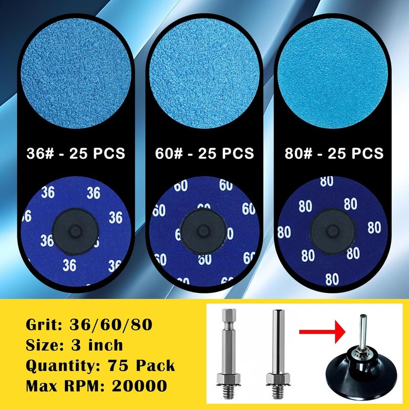 Crossarctic 75Pcs 3 inch Quick Change Disc Set, Zirconia Roll Lock Sanding Disc with 1/4" Holder Compatible with Die Grinder Surface Prep Strip Polish Finish Burr Rust Paint Removal - Image 2