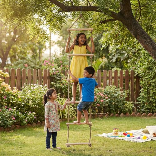 Shopster Climbing Rope Ladder Indoor/Outdoor 6.5 Ft Wooden Children Climbing Swing Kids Sports Toys pe Rope rungs Sports for Active Outdoor Play Equipment (6 Rungs)- Multi Color - Image 2