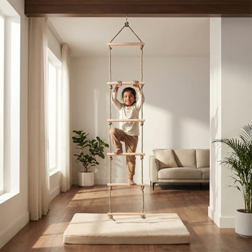 Shopster Climbing Rope Ladder Indoor/Outdoor 6.5 Ft Wooden Children Climbing Swing Kids Sports Toys pe Rope rungs Sports for Active Outdoor Play Equipment (6 Rungs)- Multi Color - Image 4