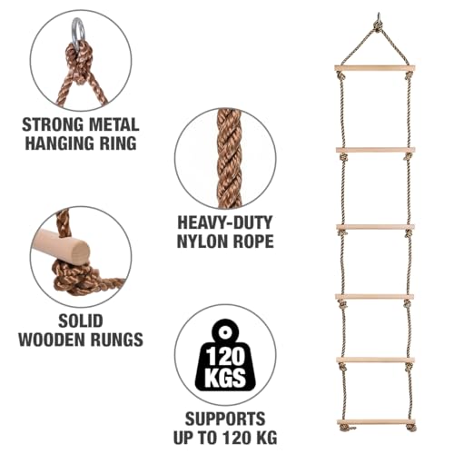 Shopster Climbing Rope Ladder Indoor/Outdoor 6.5 Ft Wooden Children Climbing Swing Kids Sports Toys pe Rope rungs Sports for Active Outdoor Play Equipment (6 Rungs)- Multi Color - Image 5