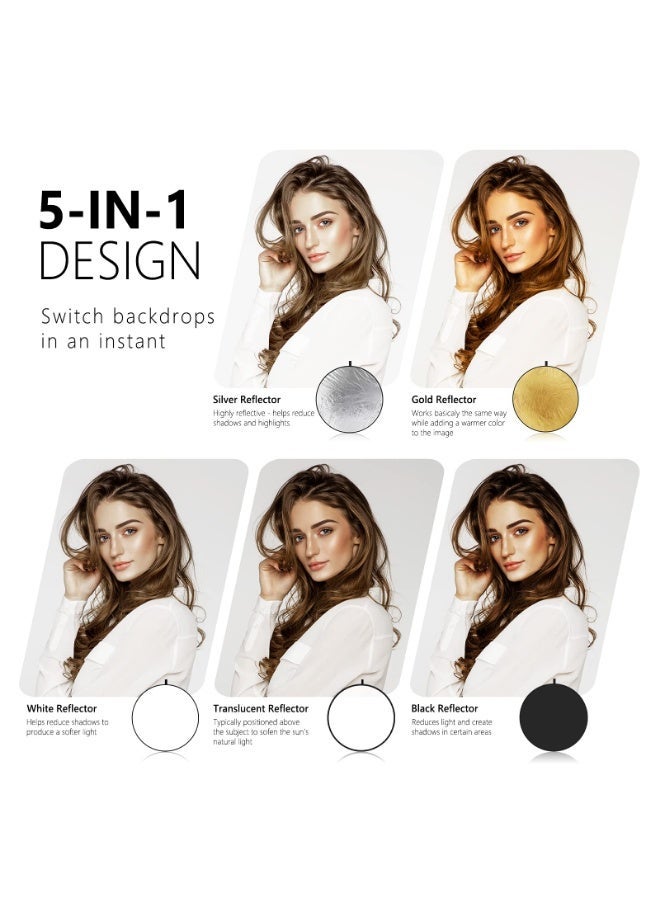 43 Inch/110 Centimeter Light Reflector Light Diffuser 5 in 1 Collapsible Multi Disc with Bag - Translucent, Silver, Gold, White, and Black for Studio Photography Lighting and Outdoor Lighting - Image 2