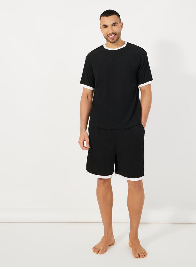 Styli Towel Knit T-Shirt & Contrast Trim Shorts Set  - Image 1