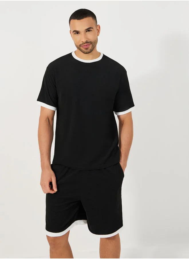 Styli Towel Knit T-Shirt & Contrast Trim Shorts Set