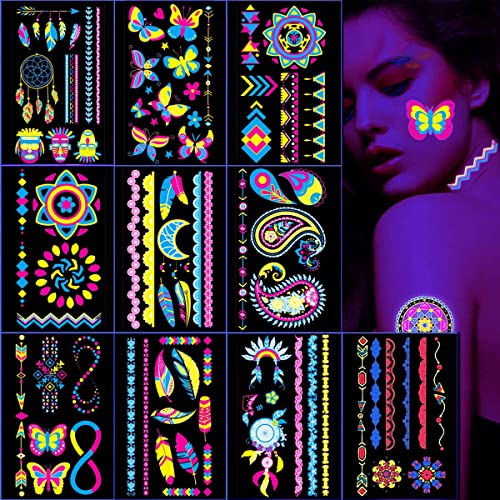 MAYCREATE® 10 Sheets Temporary Tattoo Stickers Night Glow in the Dark Sticker, 80+ Styles Waterproof UV Neon Stickers, Body Face Fake Tattoos for Women Men Kids Rave Festival Party - Image 1