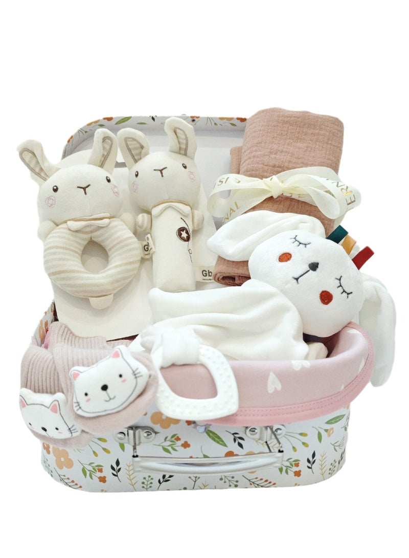 XiuWoo New Baby 7-in-1 Baby Gift Set with Cartoon Security Blanket,Cozy Blanket,Socks and Rattle Toy – Newborn Gift Basket Includes 6 Essentials New Born Baby Gift Box (Rabbit) - Image 1