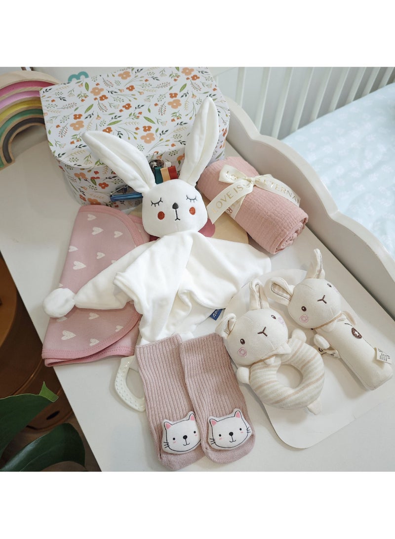 XiuWoo New Baby 7-in-1 Baby Gift Set with Cartoon Security Blanket,Cozy Blanket,Socks and Rattle Toy – Newborn Gift Basket Includes 6 Essentials New Born Baby Gift Box (Rabbit) - Image 4