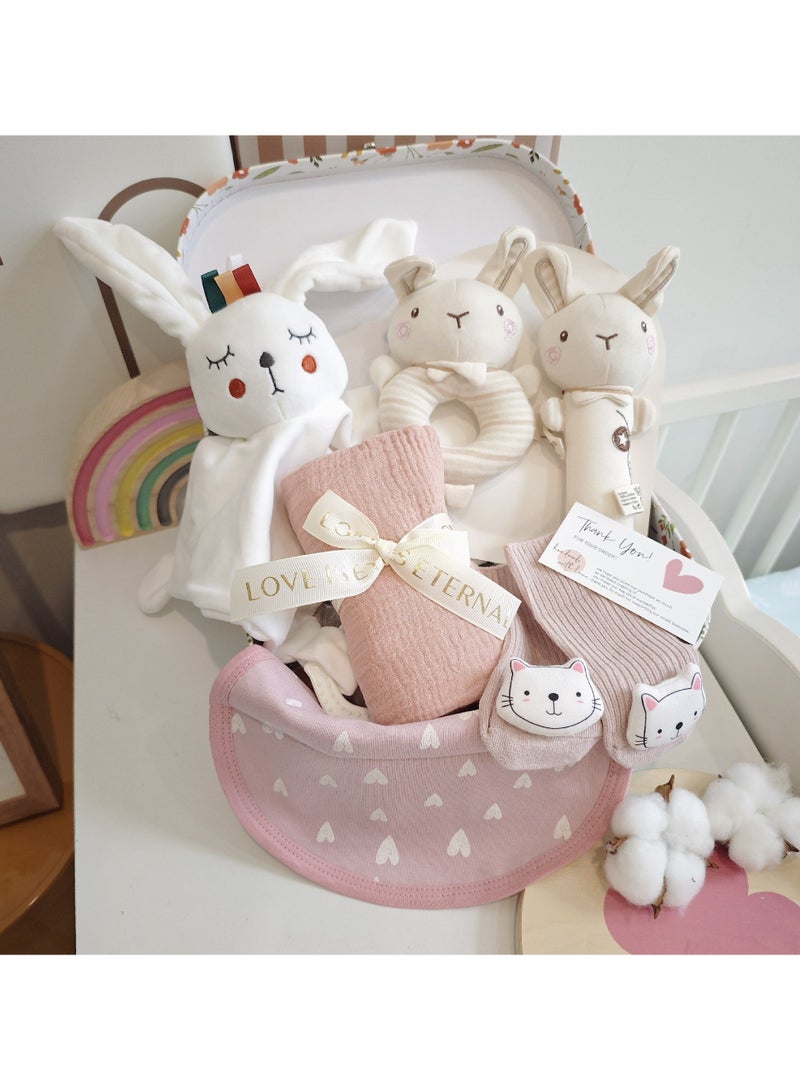 XiuWoo New Baby 7-in-1 Baby Gift Set with Cartoon Security Blanket,Cozy Blanket,Socks and Rattle Toy – Newborn Gift Basket Includes 6 Essentials New Born Baby Gift Box (Rabbit) - Image 5