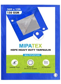 MIPATEX Mipatex Tarpaulin Sheet Waterproof Tirpal Heavy Duty 36ft x 12ft Poly Tadpatri with Aluminium Eyelets Every 3 feet Multipurpose 150 GSM Plastic Cover Tharpai for Truck Home Roof Rain BlueSilver  - Image 1