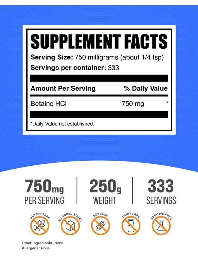 بالك سابلمنتس مسحوق بيتين هيدروكلوريد من BulkSupplements.com - مسحوق بيتين هيدروكلوريد، بيتين هيدروكلوريد 750 مجم، مكمل بيتين هيدروكلوريد - خالٍ من الجلوتين، 750 مجم لكل وجبة، 250 جم (8.8 أونصة) (عبوة من قطعة واحدة)  - Image 2