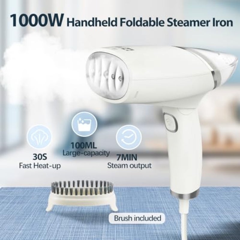 Handheld Steamer for Travel and Home Use, Stainless Steel Body, Black, 1000W Fast Heat-up with Auto Power-off Protection and Detachable Brush - Image 2