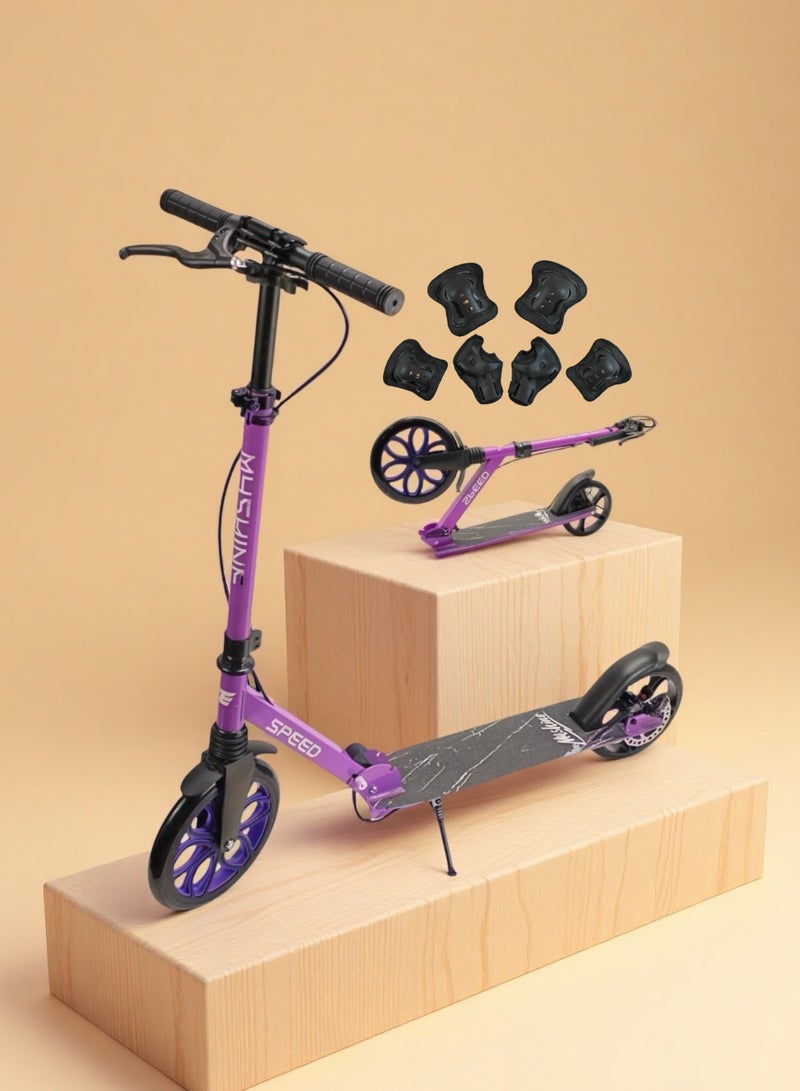 إيزي فيتشور سكوتر قابل للطي من إيزي فيوتشر للأطفال من عمر 7 إلى 14 عامًا، بعجلات كبيرة، ومقود قابل للتعديل، وفرامل خلفية، ومقبض سهل الإمساك، بالإضافة إلى مجموعة معدات واقية. - Image 1