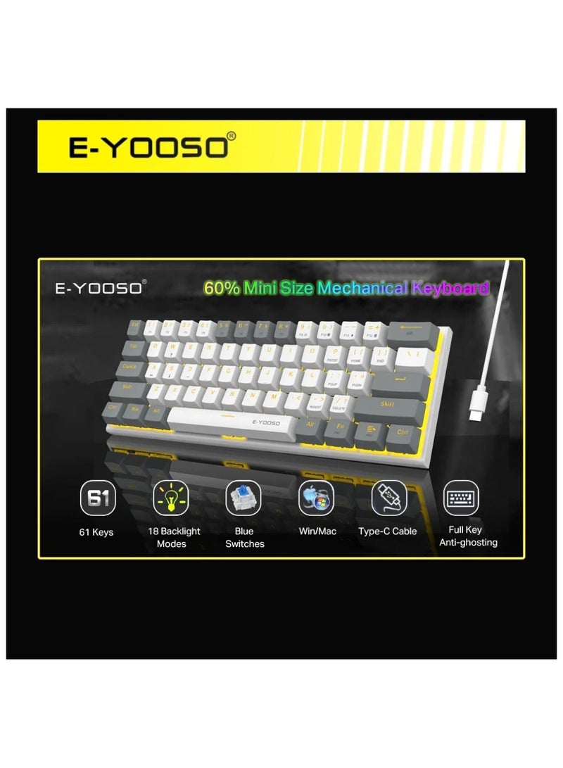 E-Yooso Z-11 أحادية اللون أصفر فاتح 61 مفتاحًا لوحة مفاتيح ميكانيكية قابلة للتبديل السريع رمادي / أبيض - مفتاح أزرق