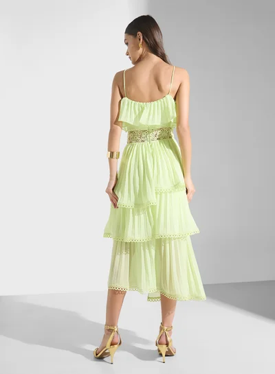 slim fit dress slacks Sophia Sage Green Plunge Front Tiered Ruffle Maxi-Dress main image 1
