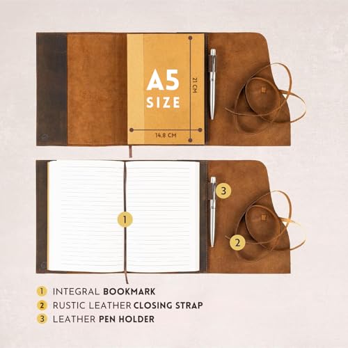 moonster Leather Journal Refillable Notebook - Writing Journals for Women, Mens Journal Leather Notebook Cover with Pen - Leather Bound Lined Paper A5 Travelers Diary - Travel Journal for Writing - Image 5