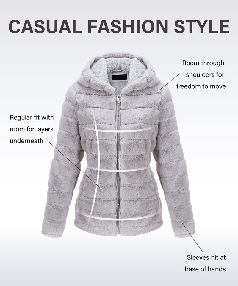 Bellivera Women's Faux Fur Shearling Shaggy Coat Fashion Sherpa-Lined Hood Jacket 1801 Gray L - Image 3