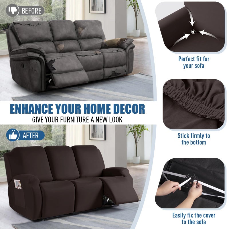 TAOCOCO Recliner Sofa Slipcover, 3 Pieces Polyester Fabric Stretch Sofa Covers for 3 Seat Reclining Couch, Soft Washable Furniture Protector with Pockets (3 Seat, Coffee) - Image 5