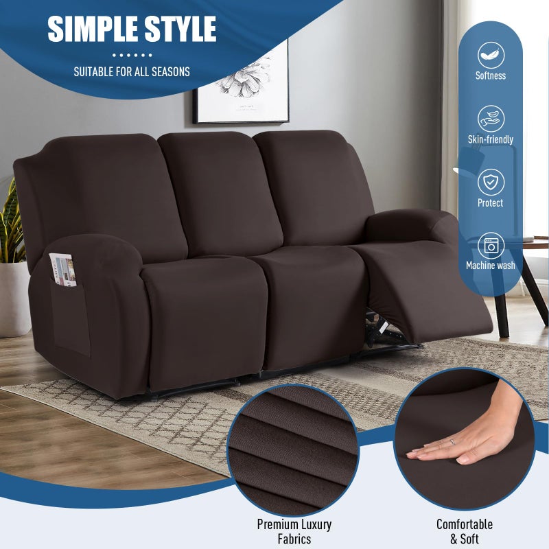 TAOCOCO Recliner Sofa Slipcover, 3 Pieces Polyester Fabric Stretch Sofa Covers for 3 Seat Reclining Couch, Soft Washable Furniture Protector with Pockets (3 Seat, Coffee) - Image 2
