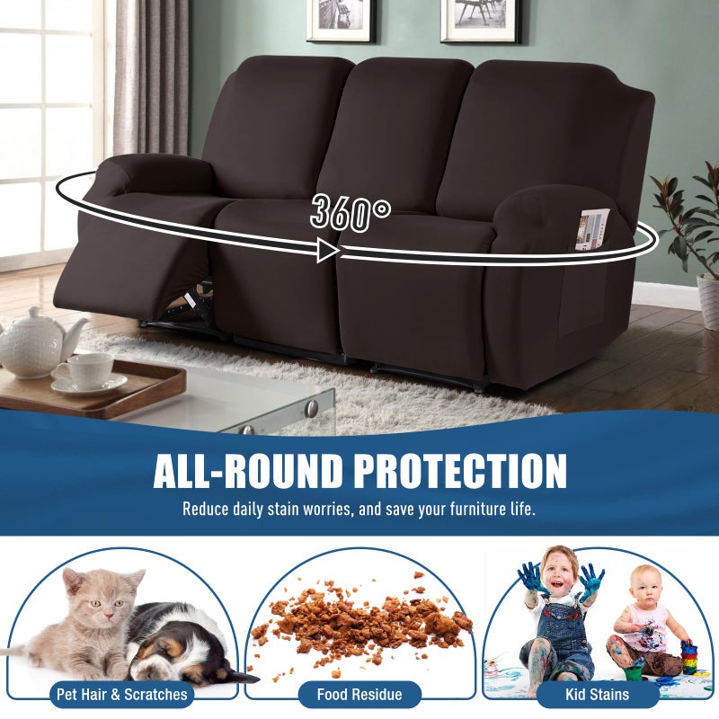 TAOCOCO Recliner Sofa Slipcover, 3 Pieces Polyester Fabric Stretch Sofa Covers for 3 Seat Reclining Couch, Soft Washable Furniture Protector with Pockets (3 Seat, Coffee) - Image 4