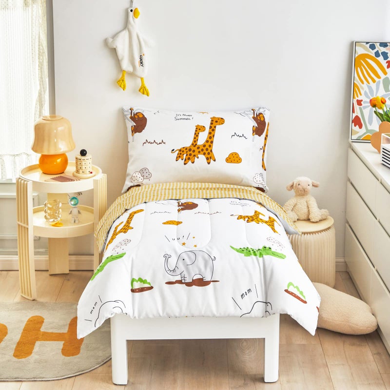 Flysheep 4 Piece White Toddler Bedding Set for Baby Girls and Boys Cute Animals Printed Includes Quilted Comforter Flat Sheet Fitted Sheet Pillow Case Soft Microfiber