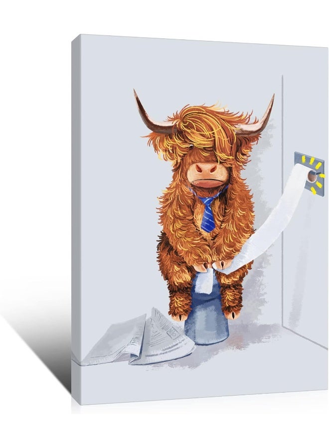 EMODA Gisipameis Funny Highland Cow Wall Art in Bathtub Bathroom Decor Waterproof Wood Framed Canvas Picture Farmhouse The Toilet for Living Room, Bedroom 12x16 inch - Image 1