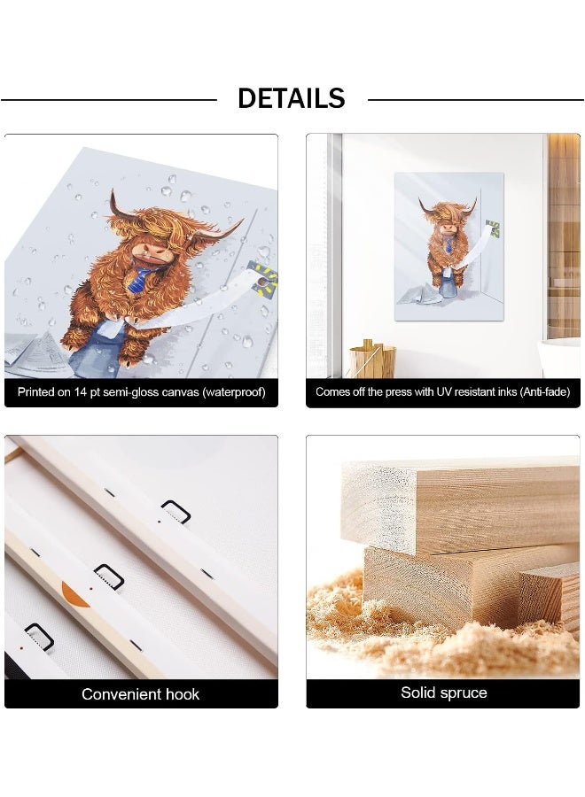 EMODA Gisipameis Funny Highland Cow Wall Art in Bathtub Bathroom Decor Waterproof Wood Framed Canvas Picture Farmhouse The Toilet for Living Room, Bedroom 12x16 inch - Image 2