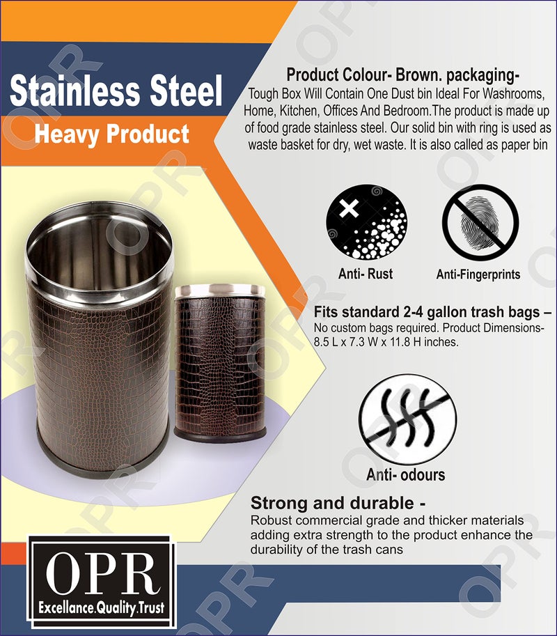 OPR Stainless Steel Leather Open Dustbin Without Lid| Trash Can, Steel Dustbin For Home, Bedroom, Washrooms, Office And Kitchen- 10 litres (8 X 12 inch) (Brown) - Image 3