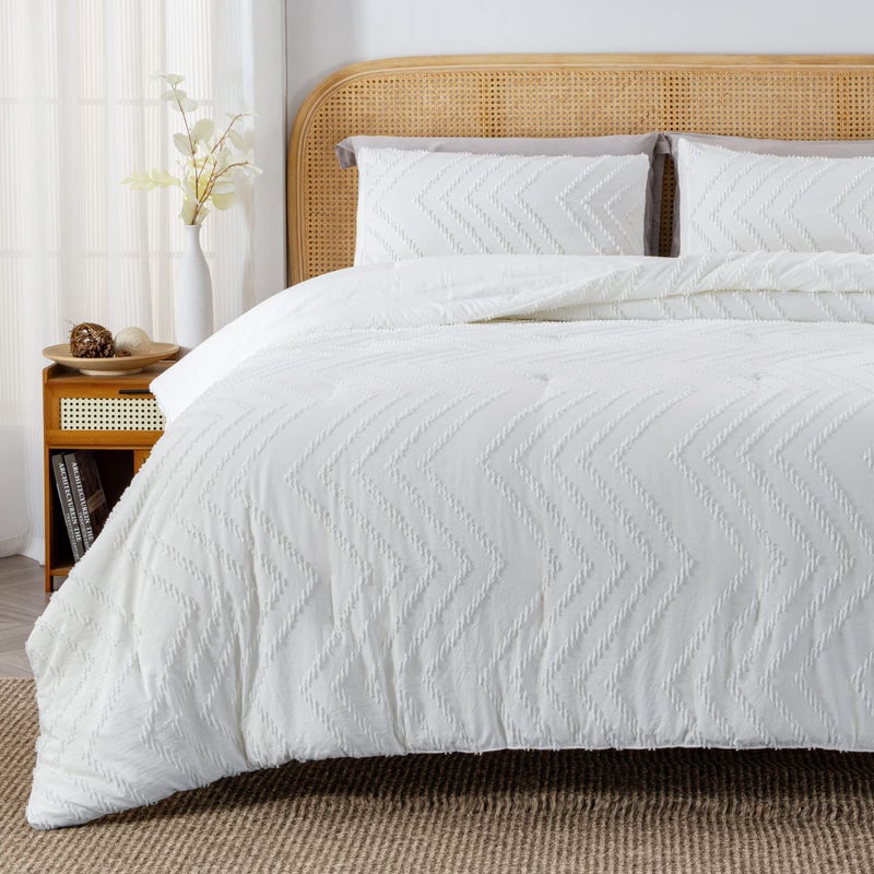 Litanika Litanika White Queen Size Comforter Sets 3 Pieces Lightweight Chevron Tufted Bedding Comforter Set Fluffy Down Alternative Comforter Bed Set Gift Choice 90x90In Comforter and 2 Pillowcases 