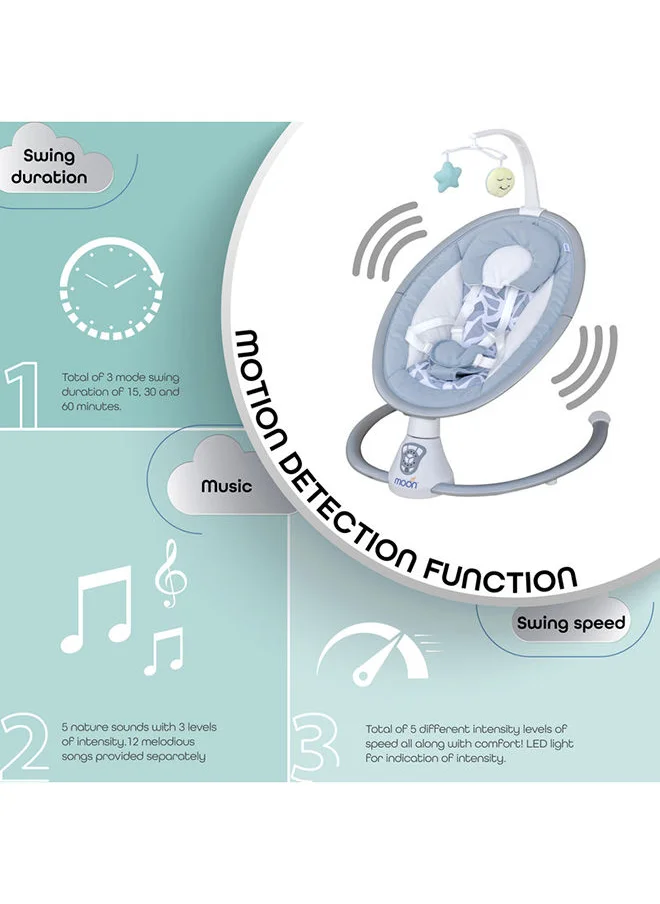 مون 5 Point Harness Baby Swing, 0-6M, Holds Upto 9Kg With Remote Control